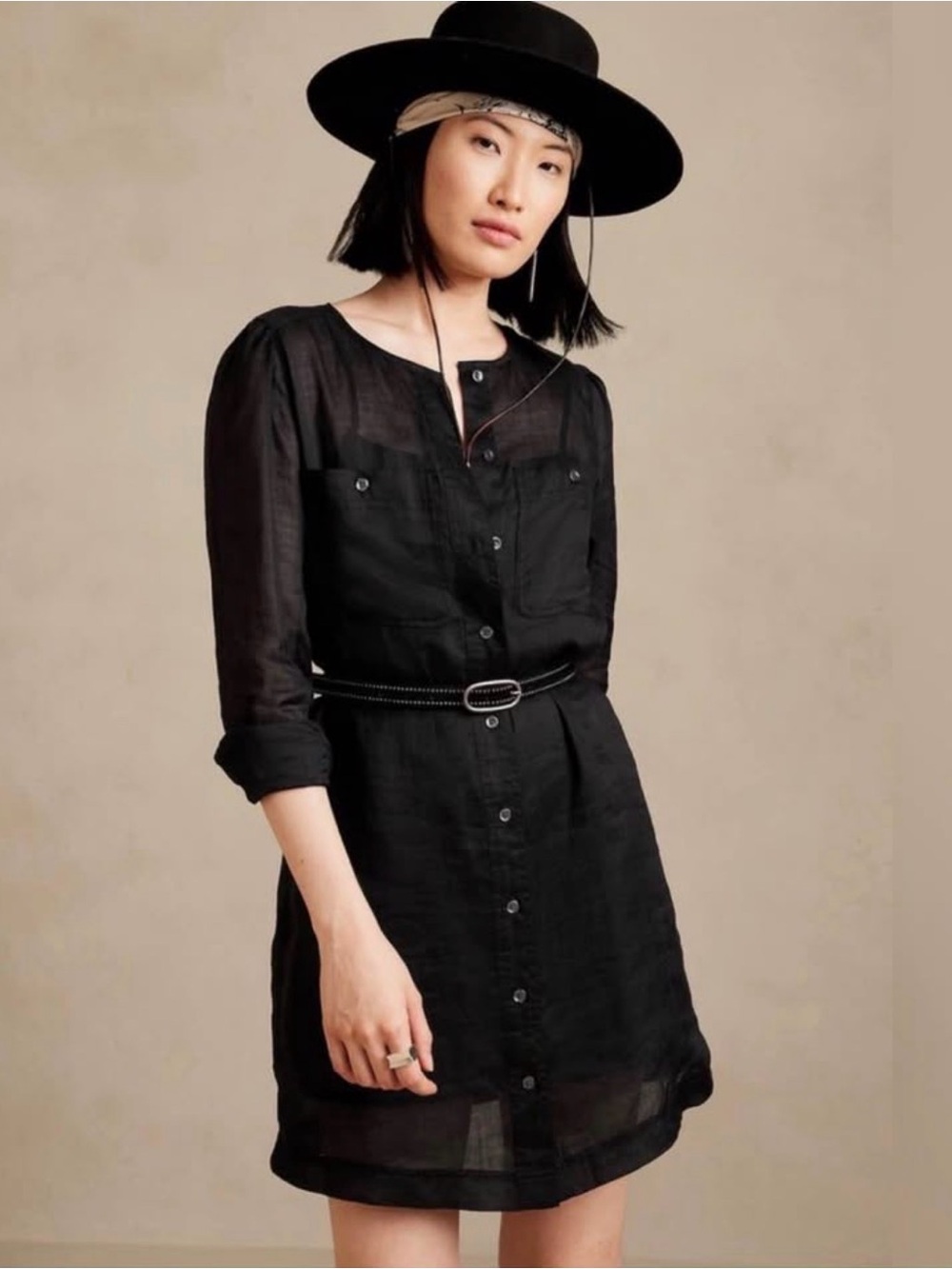 New Banana Republic long sleeve Collarless Utility Pop Black Shirt Dress- Cam